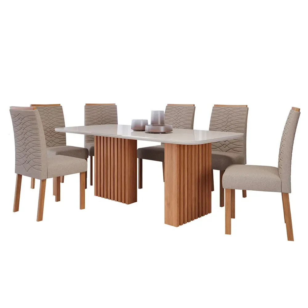 Mesa de Jantar 6 Cadeiras Ester Clarice com Tampo de Vidro Ripado Cinamomo/Off White/Bege - Cimol - 2