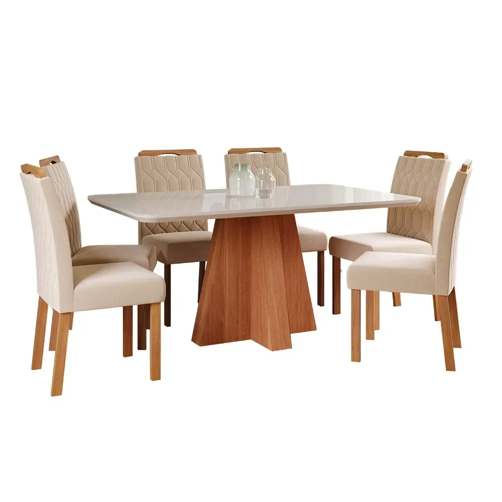 Mesa de Jantar 6 Cadeiras Maitê Paola com Tampo de Vidro Cinamomo/Off White/Nude - Cimol - 2