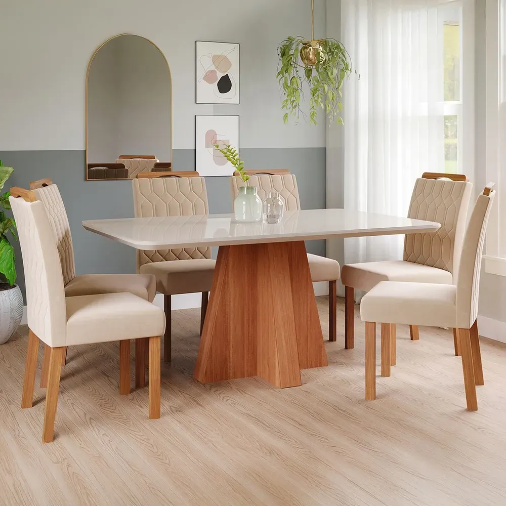 Mesa de Jantar 6 Cadeiras Maitê Paola com Tampo de Vidro Cinamomo/Off White/Nude - Cimol - 1