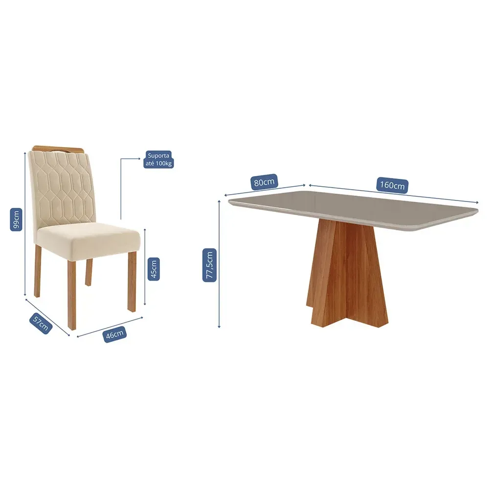Mesa de Jantar 6 Cadeiras Maitê Paola com Tampo de Vidro Cinamomo/Off White/Nude - Cimol - 3
