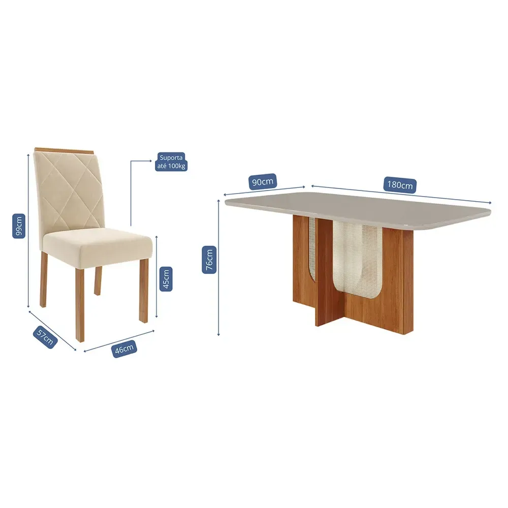 Mesa de Jantar 6 Cadeiras Louise Fernanda com Tampo de Vidro Cinamomo/Off White/Nude - Cimol - 3