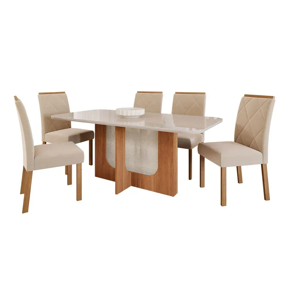 Mesa de Jantar 6 Cadeiras Louise Fernanda com Tampo de Vidro Cinamomo/Off White/Nude - Cimol - 2