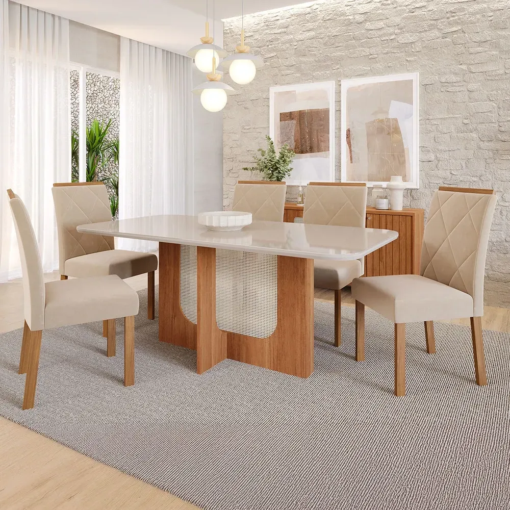 Mesa de Jantar 6 Cadeiras Louise Fernanda com Tampo de Vidro Cinamomo/Off White/Nude - Cimol - 1