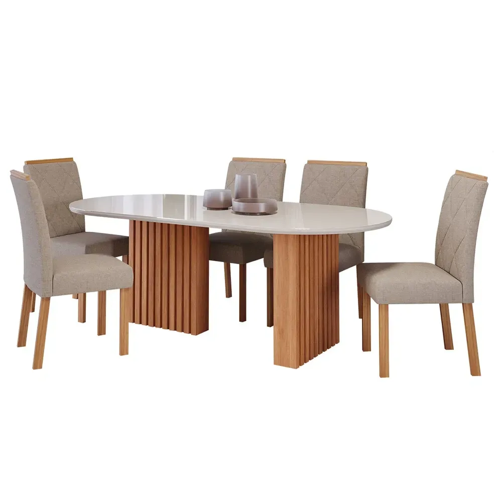 Mesa de Jantar 6 Cadeiras Ester Fernanda com Tampo de Vidro Cinamomo/Off White/Bege - Cimol - 2