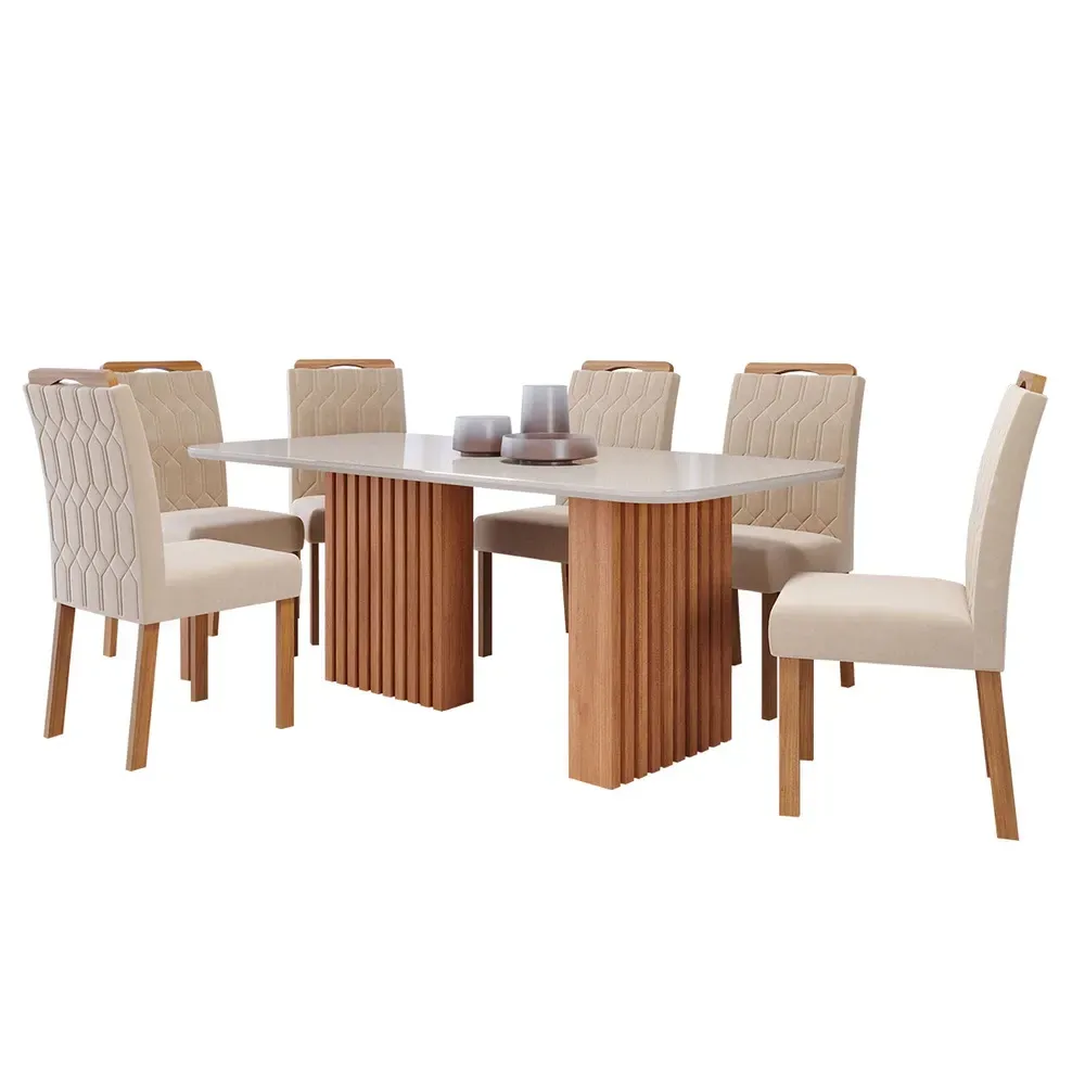 Mesa de Jantar 6 Cadeiras Ester Paola com Tampo de Vidro Cinamomo/Off White/Nude - Cimol - 2