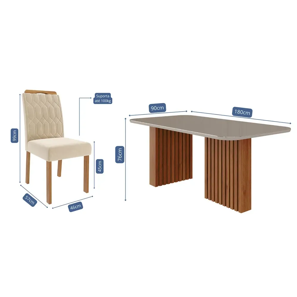 Mesa de Jantar 6 Cadeiras Ester Paola com Tampo de Vidro Cinamomo/Off White/Nude - Cimol - 3