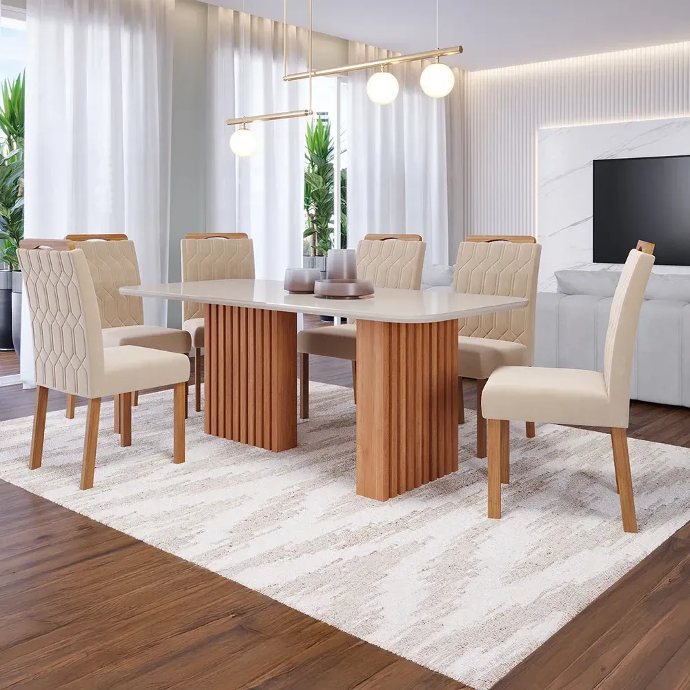 Mesa de Jantar 6 Cadeiras Ester Paola com Tampo de Vidro Cinamomo/Off White/Nude - Cimol - 1