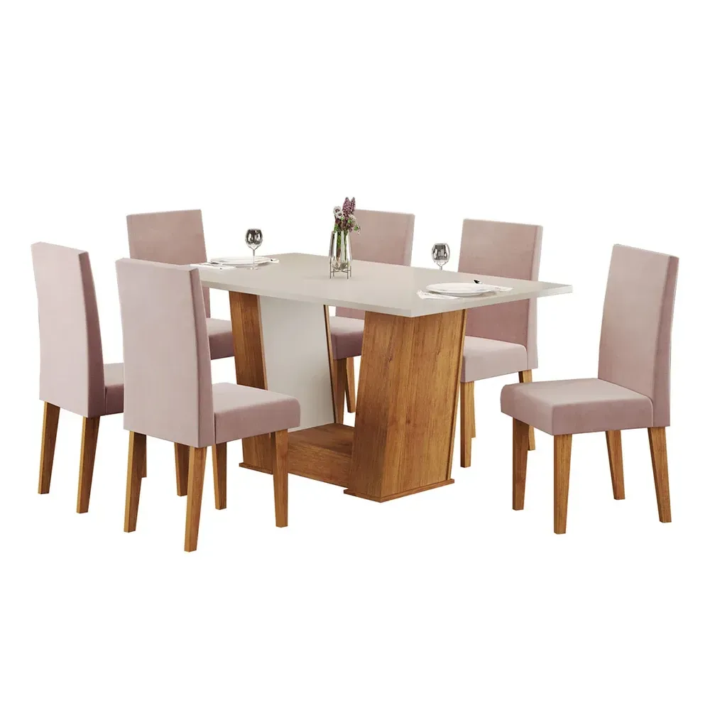 Mesa de Jantar 6 Cadeiras Marte Mel/Blonde/Veludo/Rosa - Pnr Móveis - 2