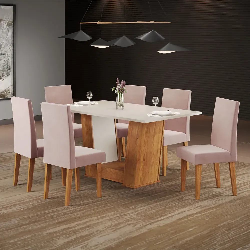 Mesa de Jantar 6 Cadeiras Marte Mel/Blonde/Veludo/Rosa - Pnr Móveis - 1