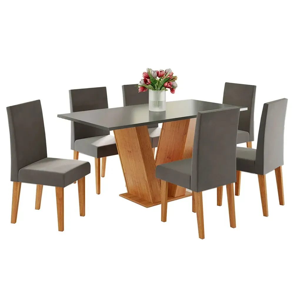 Mesa de Jantar 6 Cadeiras Lidia Vênus Mel/Cinza/Veludo Grafite - Pnr Móveis - 2