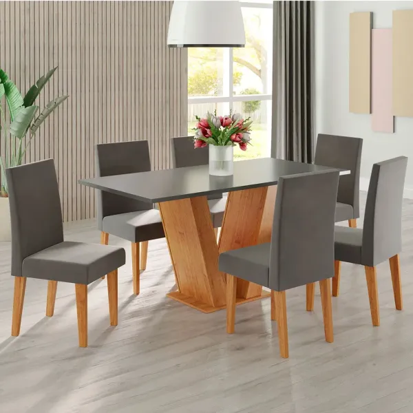 Mesa de Jantar 6 Cadeiras Lidia Vênus Mel/Cinza/Veludo Grafite - Pnr Móveis