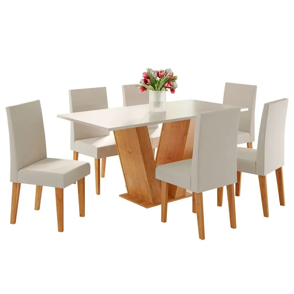 Mesa de Jantar 6 Cadeiras Lidia Vênus Mel/Blonde/Veludo Marfim - Pnr Móveis - 2