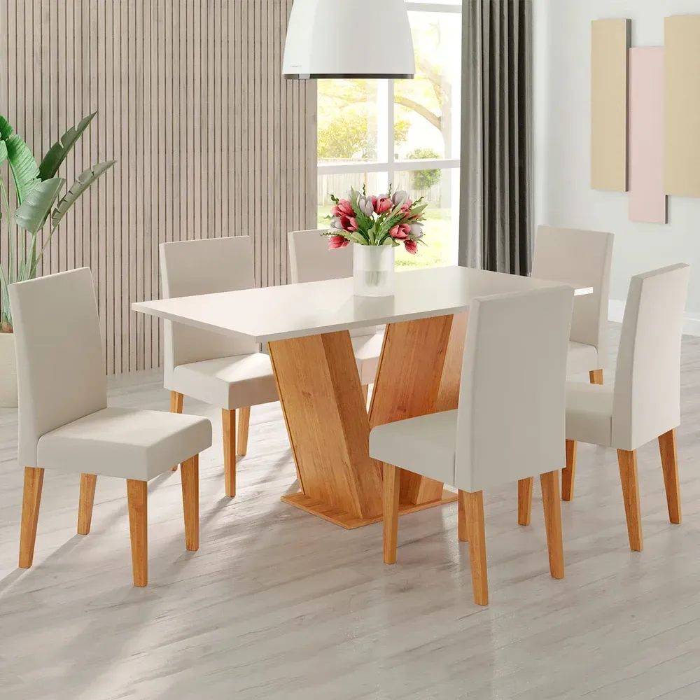 Mesa de Jantar 6 Cadeiras Lidia Vênus Mel/Blonde/Veludo Marfim - Pnr Móveis - 1