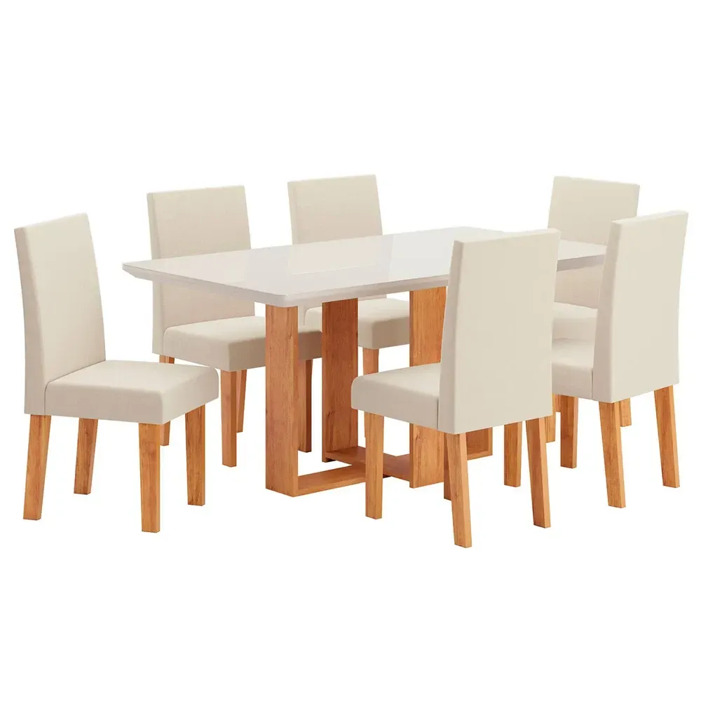 Mesa de Jantar 6 Cadeiras Catarina com Tampo de Vidro Mel/Nude/Off White - Pnr Móveis - 2