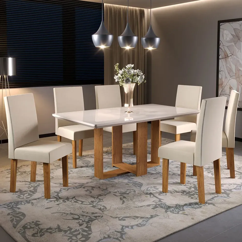 Mesa de Jantar 6 Cadeiras Catarina com Tampo de Vidro Mel/Nude/Off White - Pnr Móveis - 1