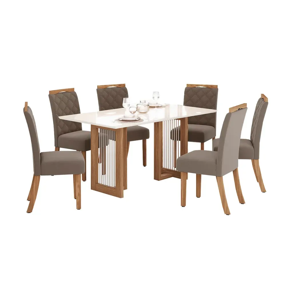 Mesa de Jantar 6 Cadeiras Amélia Nature/Off White/Marrom Amêndoa - Pnr Móveis - 2