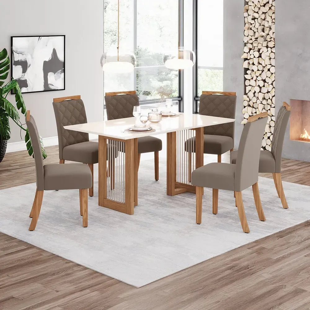 Mesa de Jantar 6 Cadeiras Amélia Nature/Off White/Marrom Amêndoa - Pnr Móveis - 1
