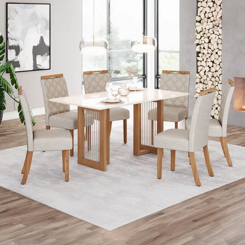 Mesa de Jantar 6 Cadeiras Amélia Nature/Off White/Linho - Pnr Móveis - 1