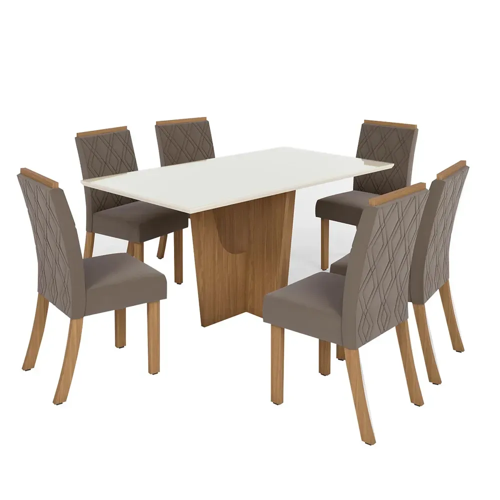 Mesa de Jantar 6 Cadeiras Nicole/Vita com Tampo de Vidro Nature/Off White/Bege - Pnr Móveis - 2