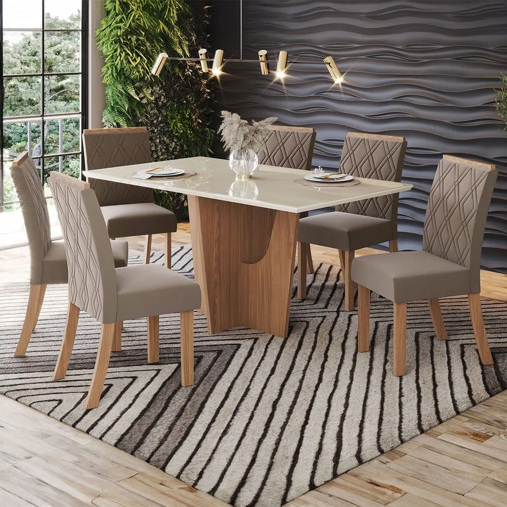 Mesa de Jantar 6 Cadeiras Nicole/Vita com Tampo de Vidro Nature/Off White/Bege - Pnr Móveis - 1
