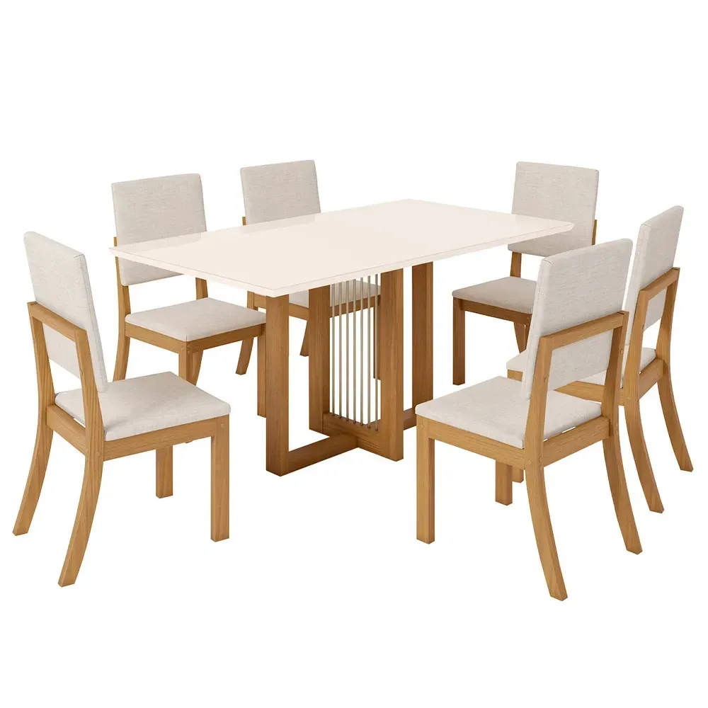 Mesa de Jantar 6 Cadeiras Lilian com Tampo de Vidro Nature/Off White/Linho - Pnr Móveis - 2
