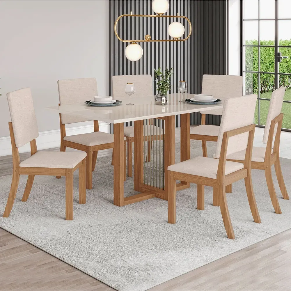 Mesa de Jantar 6 Cadeiras Lilian com Tampo de Vidro Nature/Off White/Linho - Pnr Móveis - 1