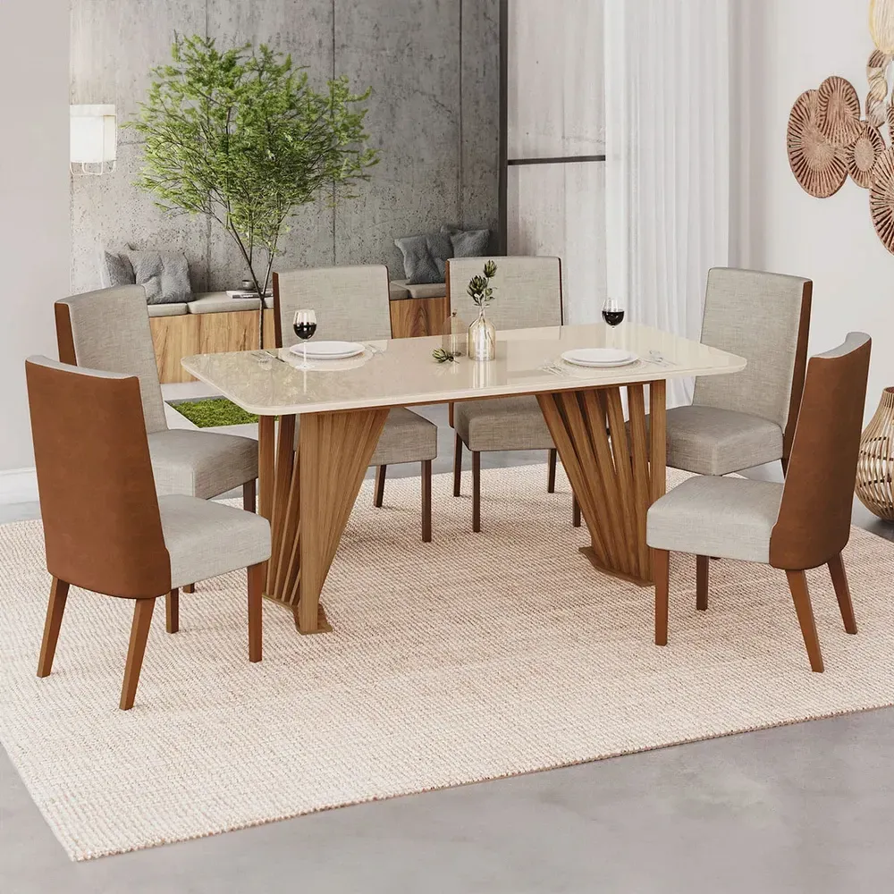 Mesa de Jantar 6 Cadeiras Lívia/Anne Nature/Off White/Courano/Linho- Pnr Móveis - 1