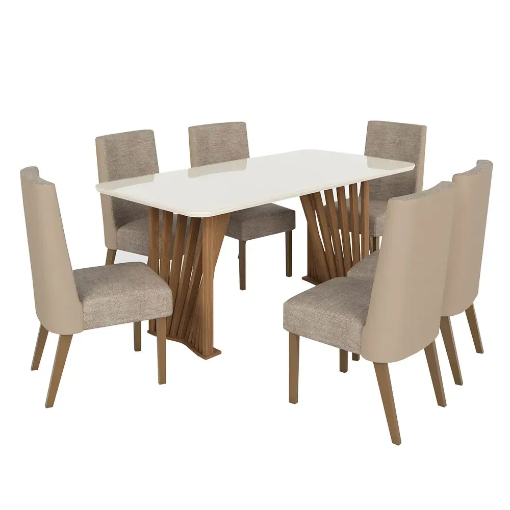 Mesa de Jantar 6 Cadeiras Lívia/Anne Nature/Corano Bege/Creme - Pnr Móveis - 2