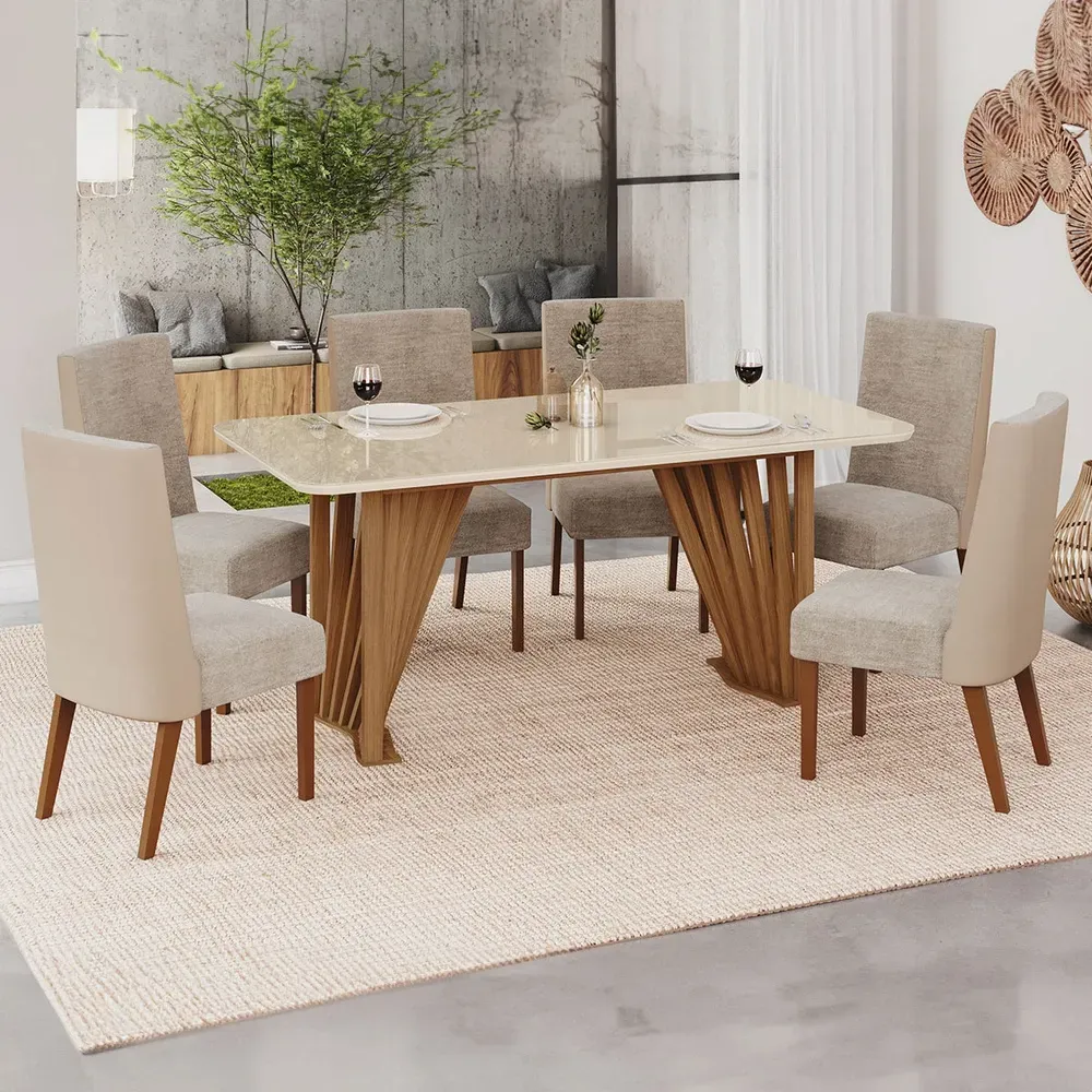 Mesa de Jantar 6 Cadeiras Lívia/Anne Nature/Corano Bege/Creme - Pnr Móveis - 1