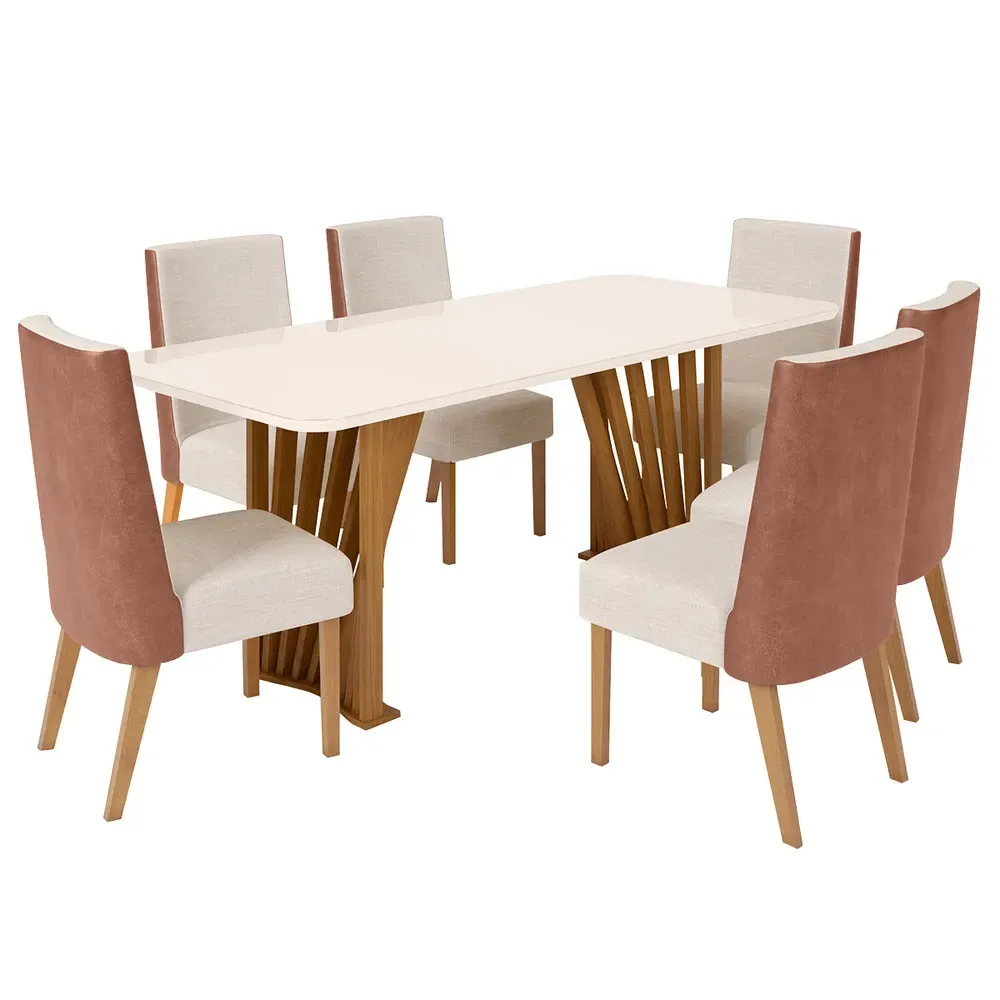 Mesa de Jantar 6 Cadeiras Lívia com Tampo de Vidro Nature/Courino/Linho - Pnr Móveis - 2