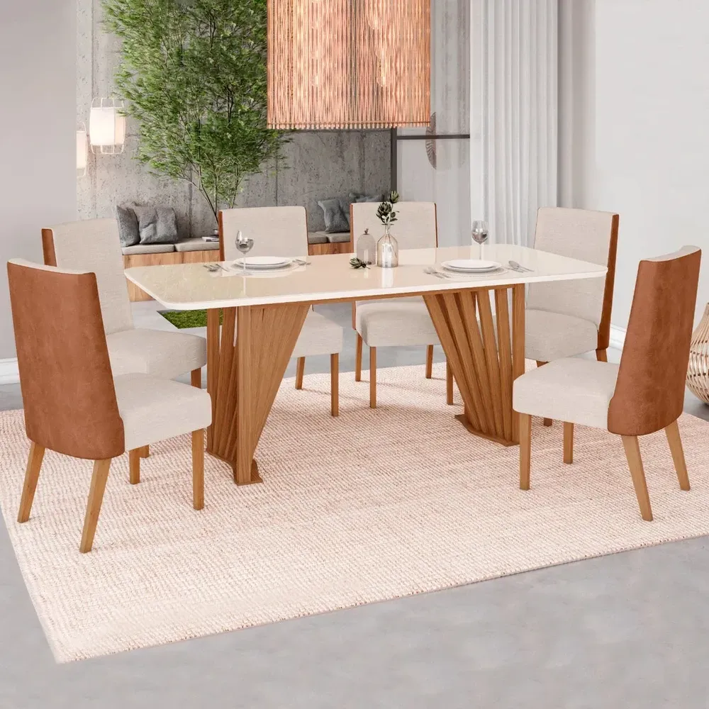 Mesa de Jantar 6 Cadeiras Lívia com Tampo de Vidro Nature/Courino/Linho - Pnr Móveis - 1