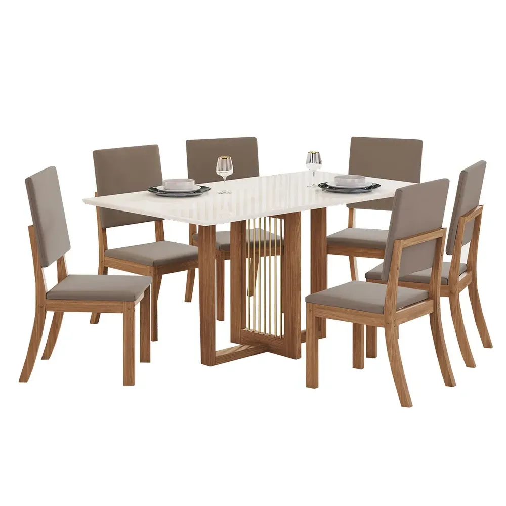 Mesa de Jantar 6 Cadeiras Bela Nature/Off White/Marrom Amêndoa Bela - Pnr Móveis - 2