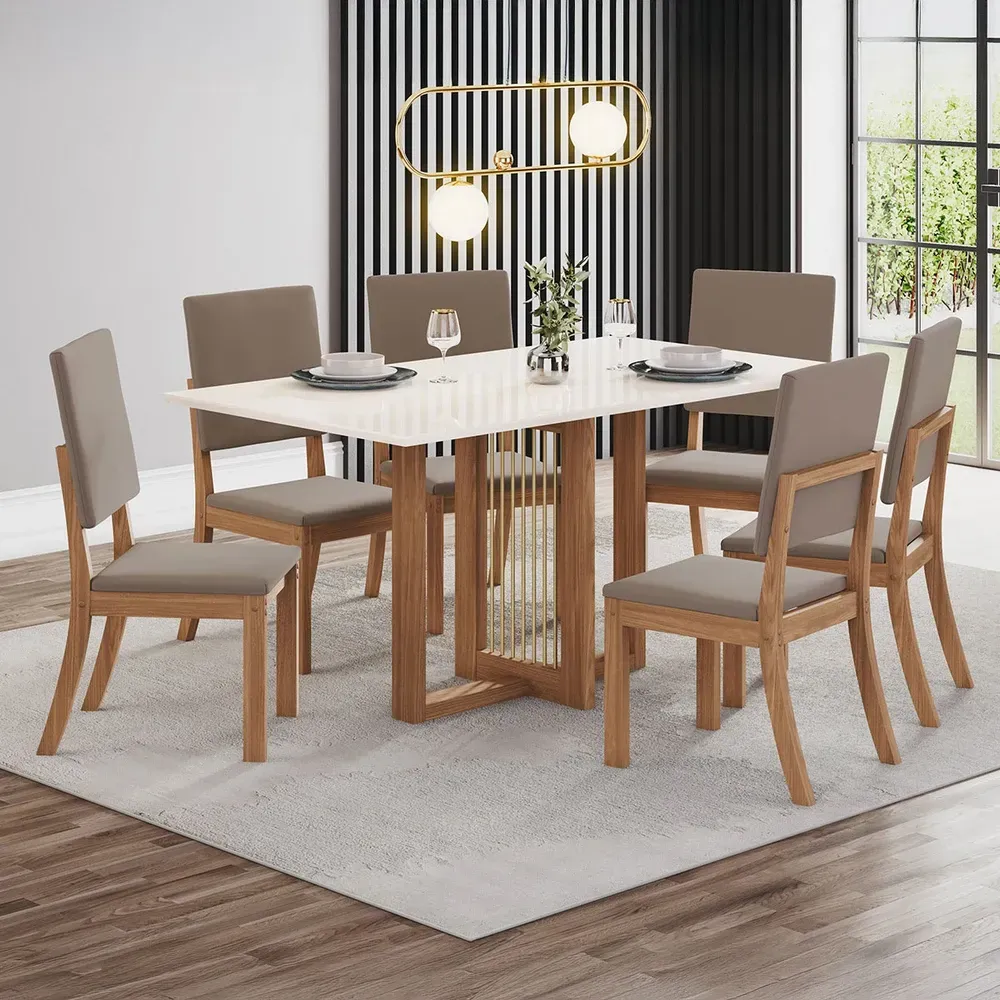 Mesa de Jantar 6 Cadeiras Bela Nature/Off White/Marrom Amêndoa Bela - Pnr Móveis - 1