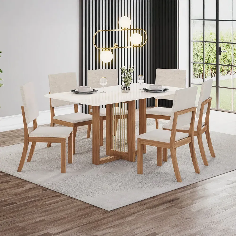 Mesa de Jantar 6 Cadeiras Bela Nature/Off White/Linho Bela - Pnr Móveis - 1