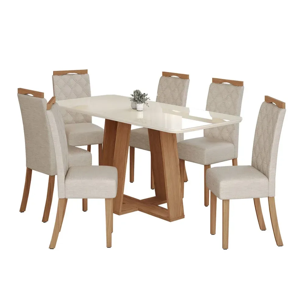 Mesa de Jantar 6 Cadeiras Sales/Bella com Tampo de Vidro Nature/Off White/Linho - Pnr Móveis - 2