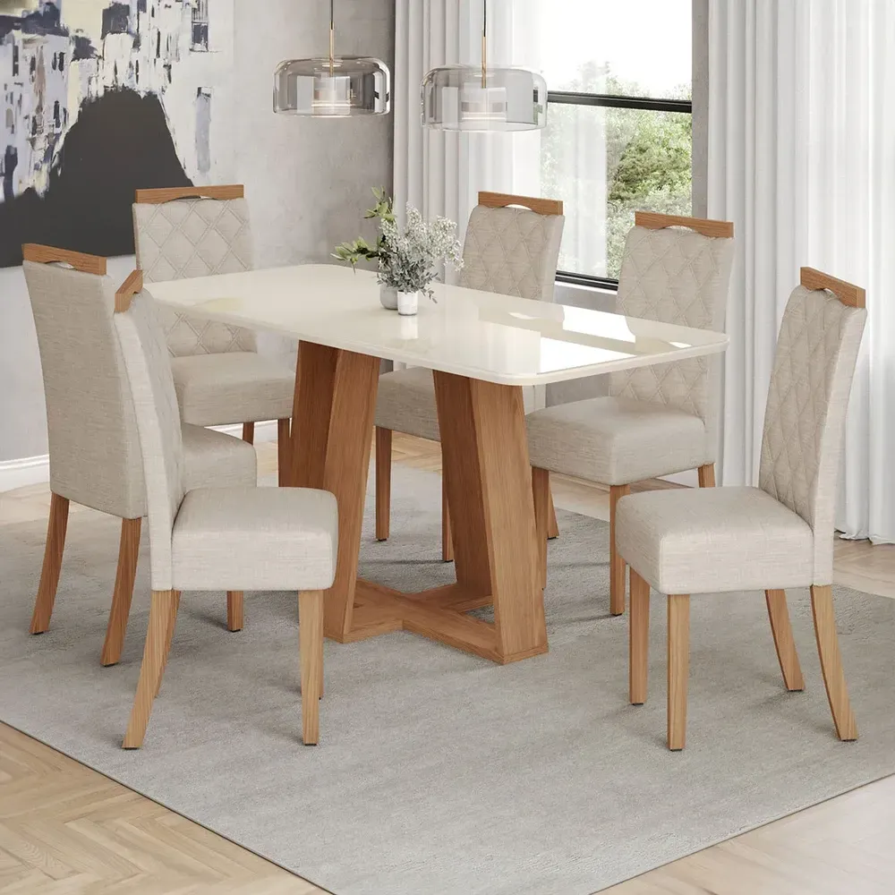 Mesa de Jantar 6 Cadeiras Sales/Bella com Tampo de Vidro Nature/Off White/Linho - Pnr Móveis - 1
