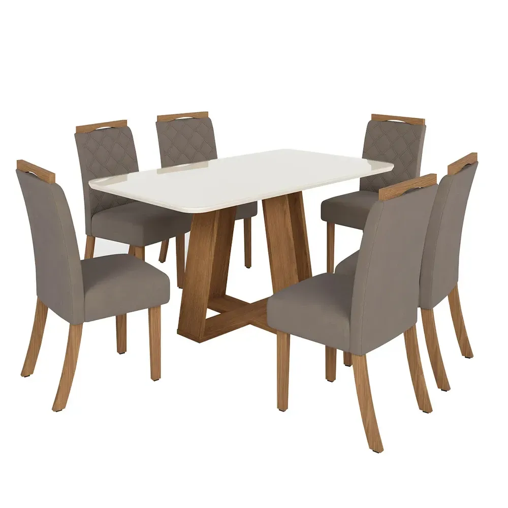Mesa de Jantar 6 Cadeiras Sales/Bella com Tampo de Vidro Nature/Off White/Amêndoa - Pnr Móveis - 2