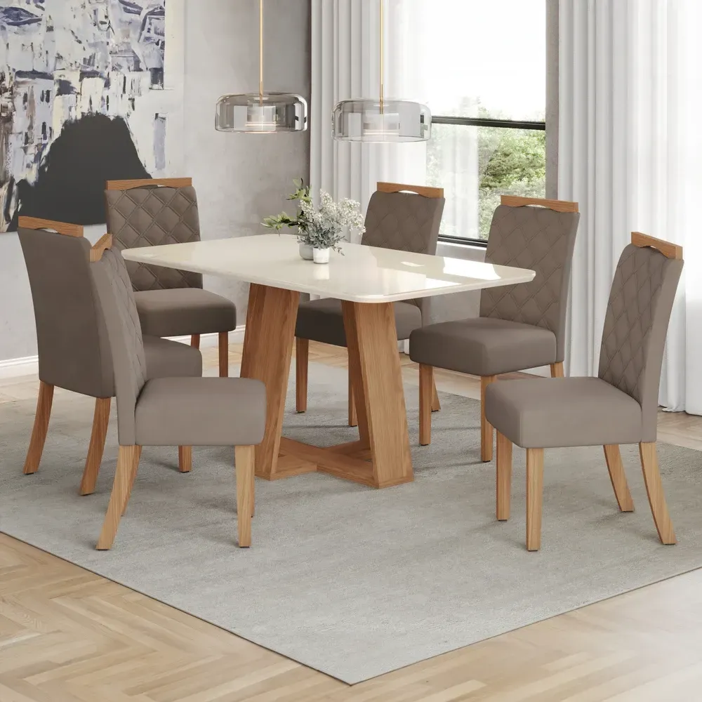 Mesa de Jantar 6 Cadeiras Sales/Bella com Tampo de Vidro Nature/Off White/Amêndoa - Pnr Móveis - 1