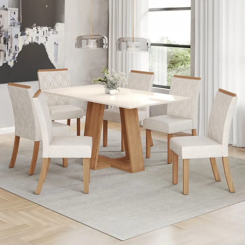 Mesa de Jantar 6 Cadeiras Sales Nature/Off White/Linho - Pnr Móveis - 1