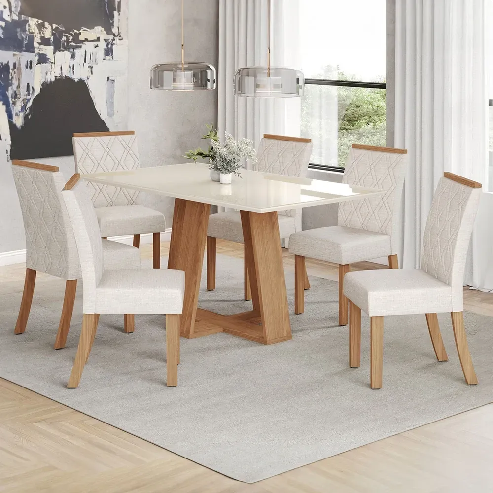 Mesa de Jantar 6 Cadeiras Sales com Tampo de Vidro Nature/Off White/Linho - Pnr Móveis - 1