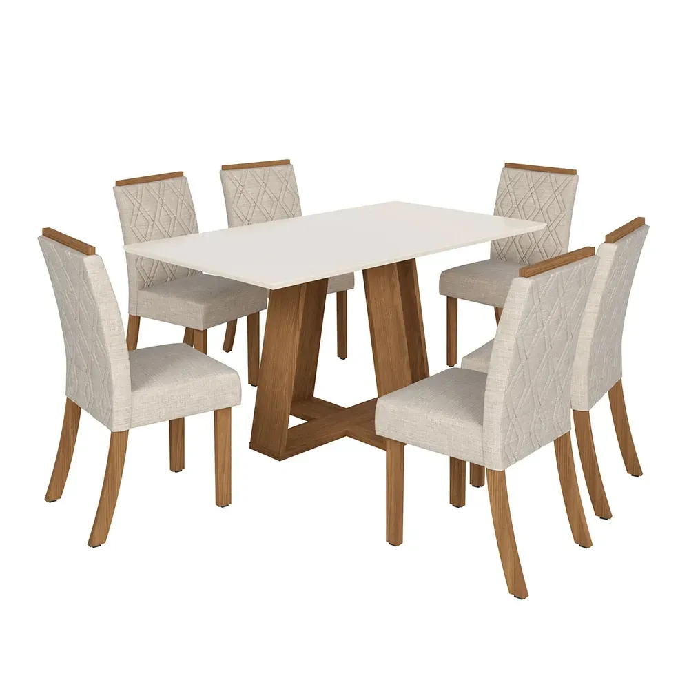 Mesa de Jantar 6 Cadeiras Sales com Tampo de Vidro Nature/Off White/Linho - Pnr Móveis - 2