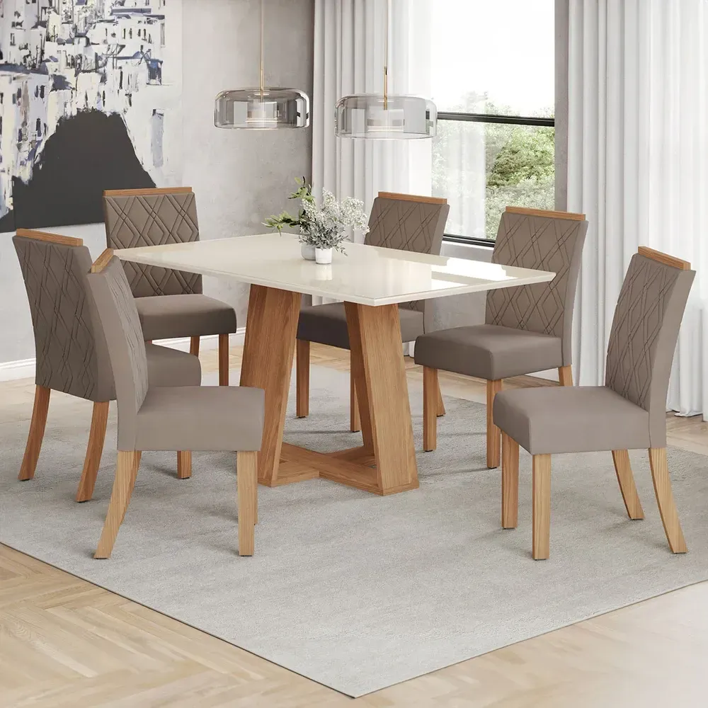 Mesa de Jantar 6 Cadeiras Sales com Tampo de Vidro Nature/Off White/Bege - Pnr Móveis - 1