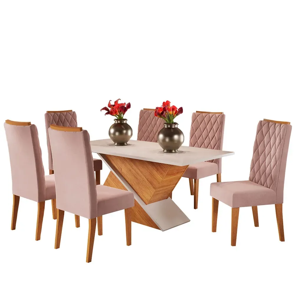 Mesa de Jantar 6 Cadeiras Marilda Mel/Blonde/Veludo Rosa - Pnr Móveis - 2