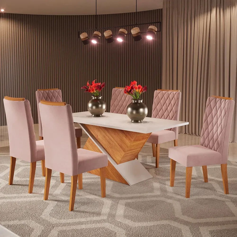 Mesa de Jantar 6 Cadeiras Marilda Mel/Blonde/Veludo Rosa - Pnr Móveis - 1