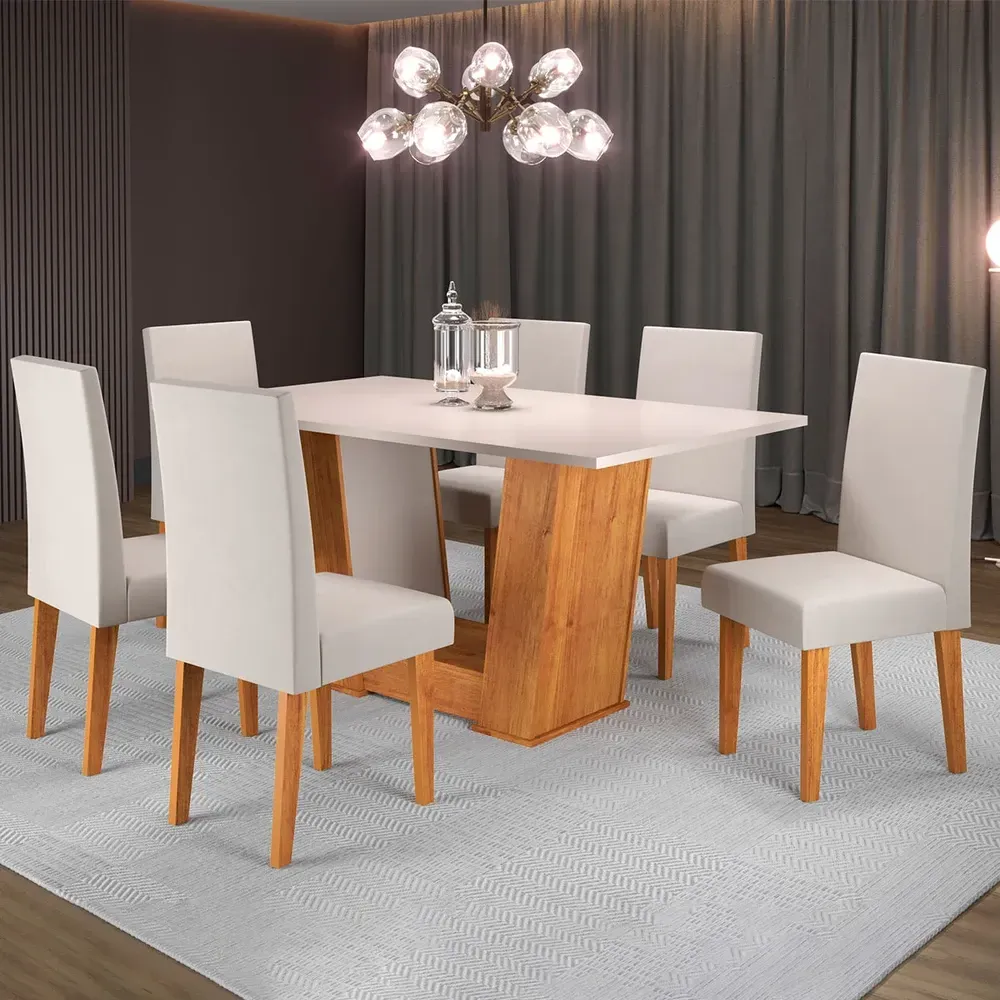 Mesa de Jantar 6 Cadeiras Grazi Mel/Blonde/Veludo Marfim - Pnr Móveis - 1
