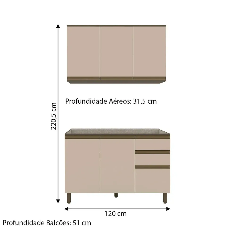 Armário de Cozinha Compacta Connect 6 Portas 2 Gavetas 100% MDF Duna/Cristal - Henn - 3