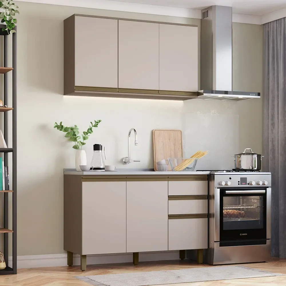 Armário de Cozinha Compacta Connect 6 Portas 2 Gavetas 100% MDF Duna/Cristal - Henn - 1