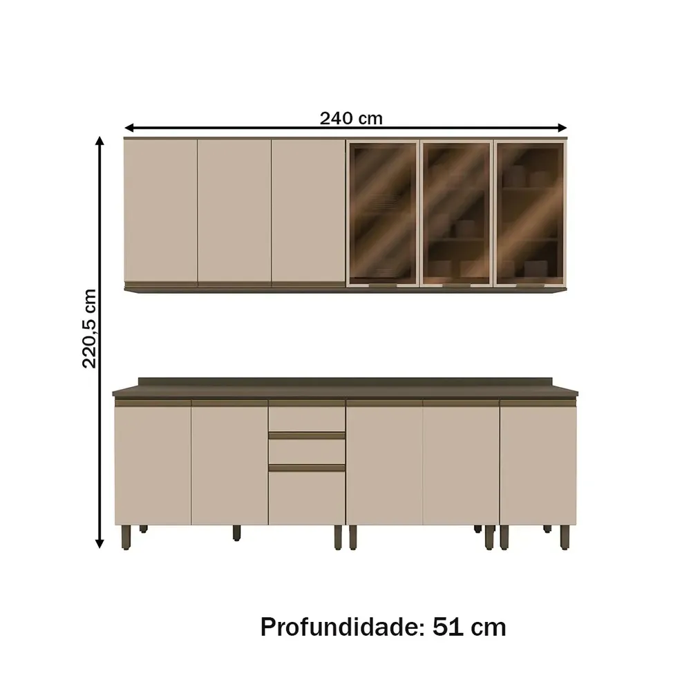 Armário de Cozinha Compacta Reflecta 12 Portas 2 Gavetas com Vidro 100% MDF Duna/Cristal - Henn - 3