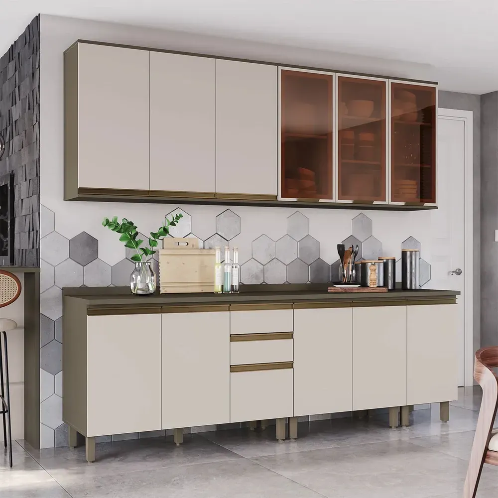 Armário de Cozinha Compacta Reflecta 12 Portas 2 Gavetas com Vidro 100% MDF Duna/Cristal - Henn - 1