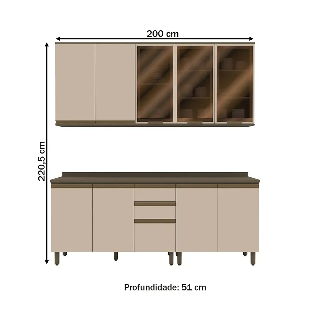 Armário de Cozinha Compacta Reflecta 10 Portas 2 Gavetas com Vidro 100% MDF Duna/Cristal - Henn - 3